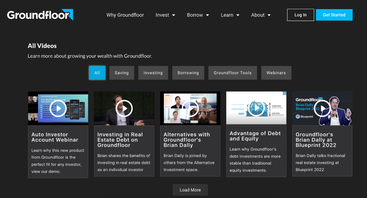 Screenshots of videos offered in the education hub for Groundfloor