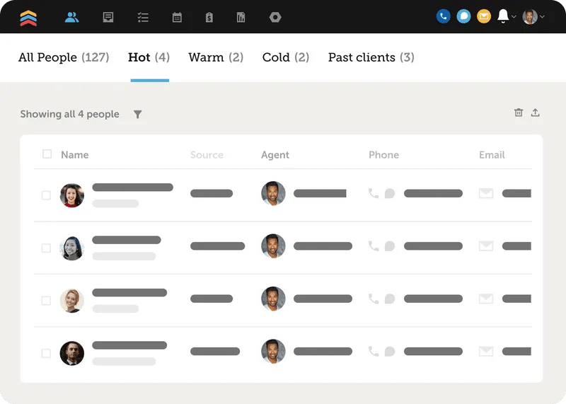 Screenshot of lead dashboard with contact and agent headshots