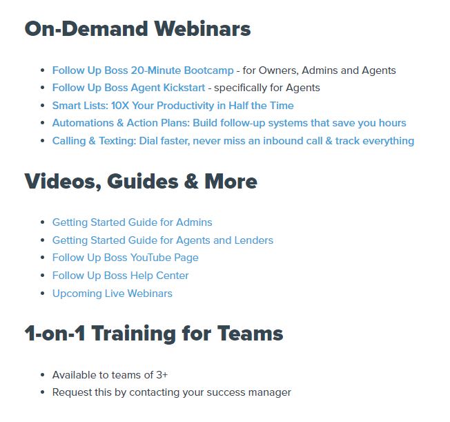 Screenshot of available training links