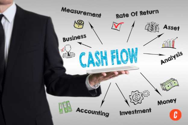 Business person holding words "cash flow" surrounded by associated words. 