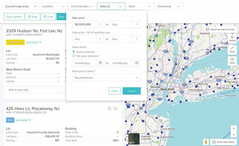 Reonomy property search filters with a map to the right.