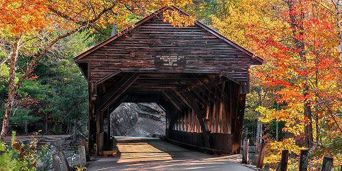 Covered bridge surrounded by foliage in New Hampshire.