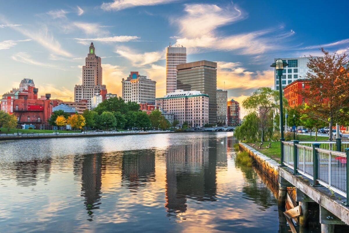 Providence, Rhode Island, USA downtown cityscape viewed from above the Providence River.